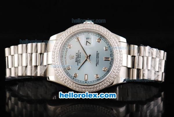 Rolex Day Date II Automatic Movement Full Steel with Double Row Diamond Bezel with Diamond Markers and Light Blue Dial - Click Image to Close